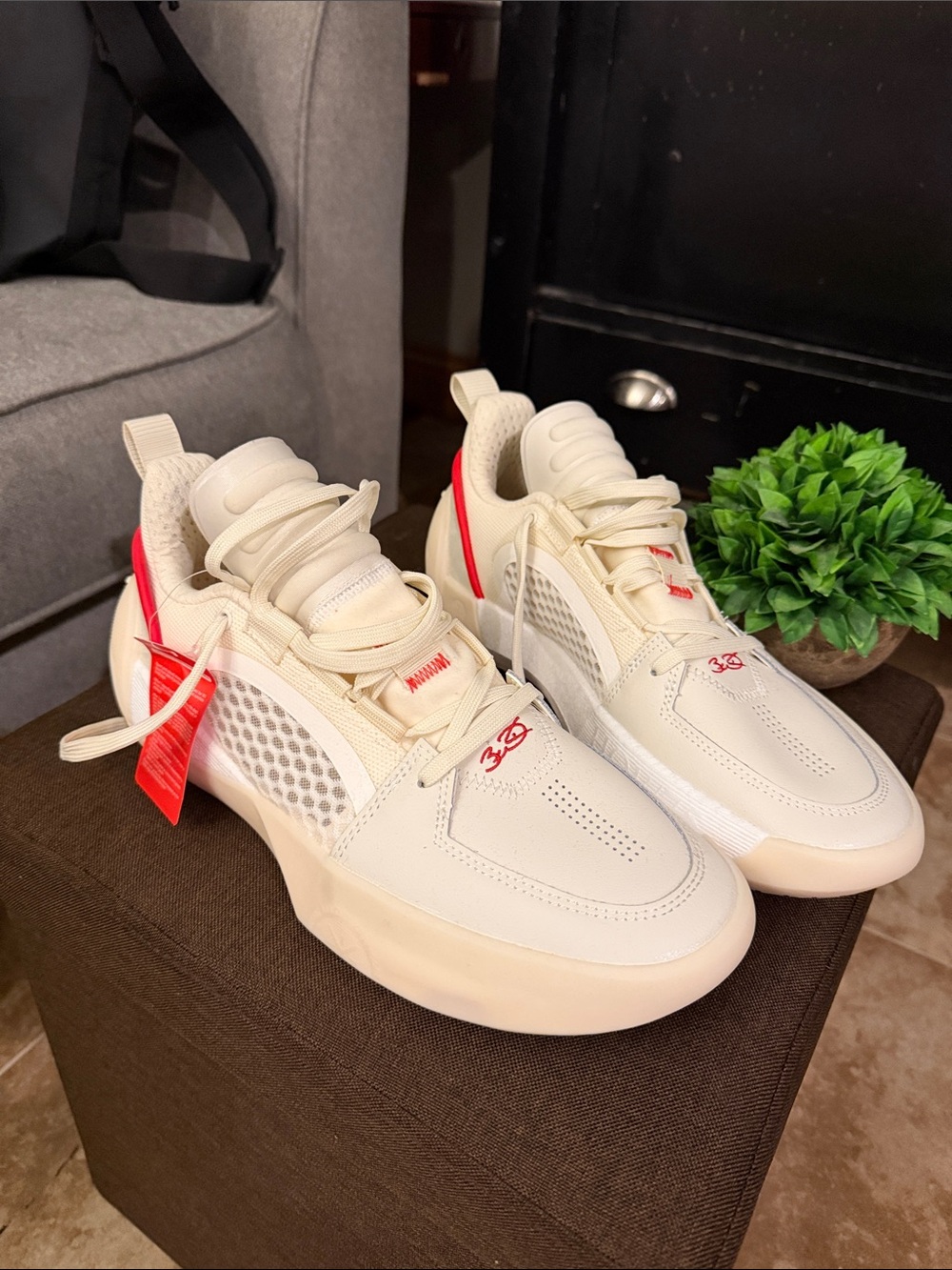 Men's Athletic Sneakers in Cream with Red Accents